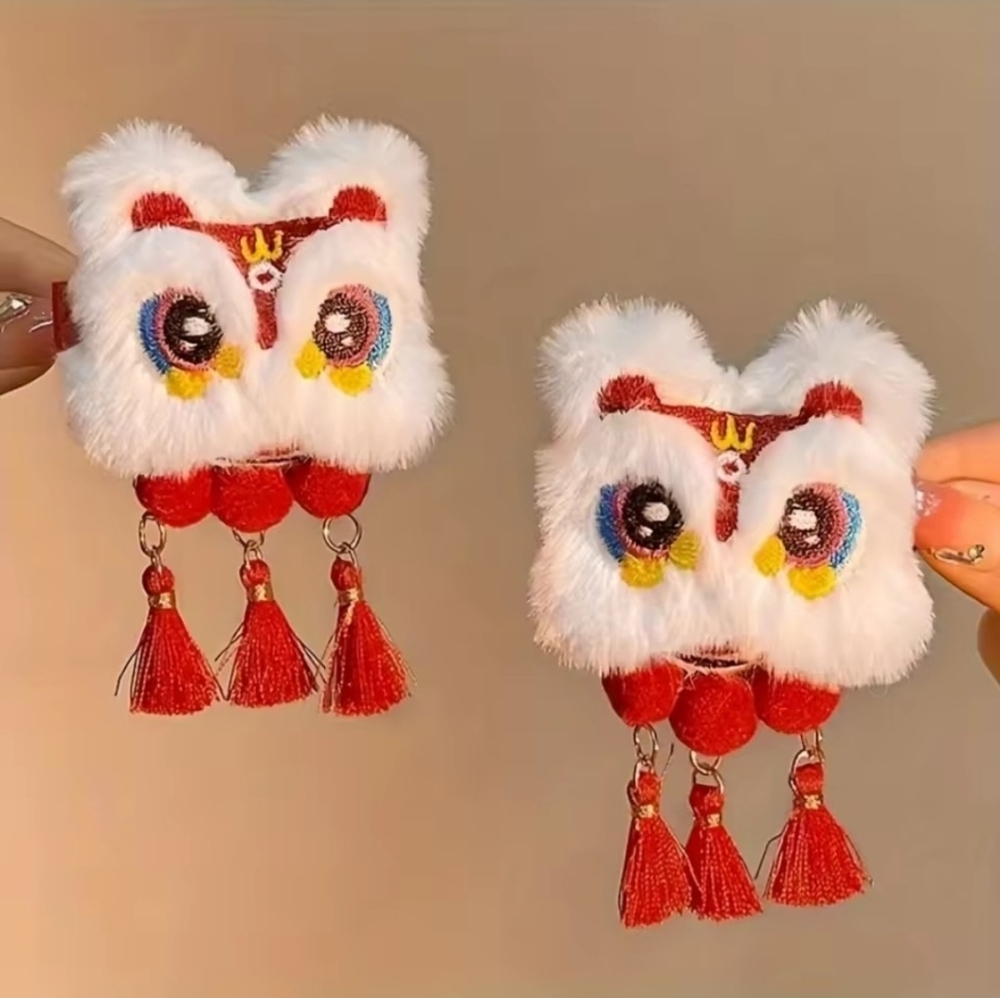White and Red Furry Lion Hair Clips